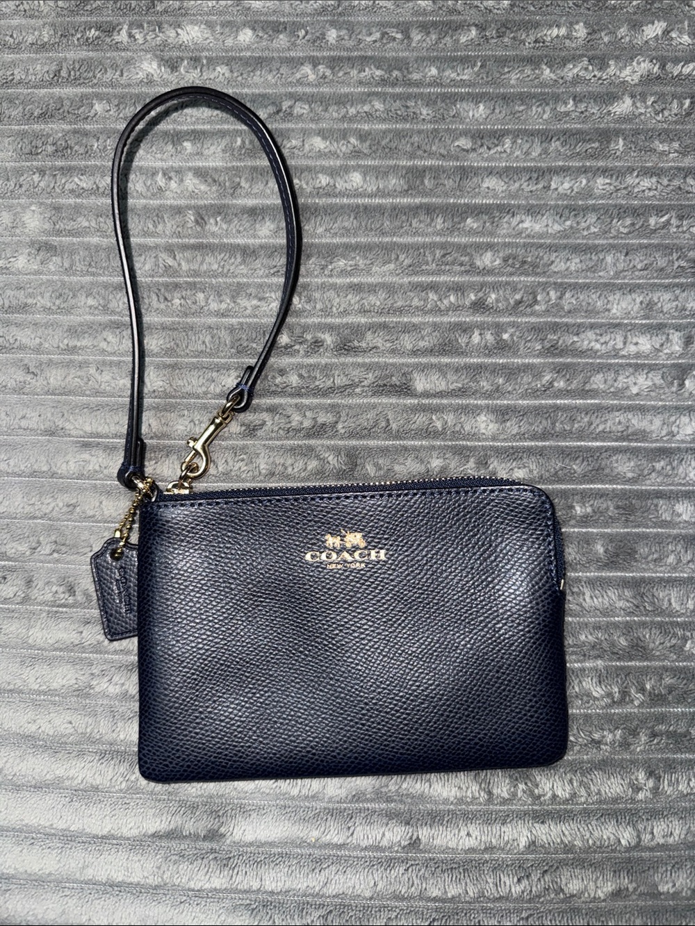 Coach Navy Pebbled Leather Wristlet with Gold Hardware
